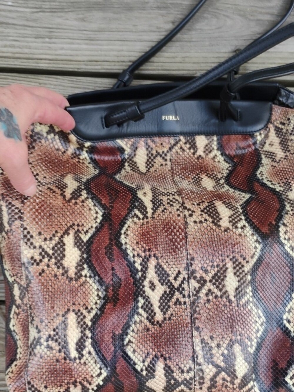 Furla 3 Compartment Snake-Print Tote Bag in Brown and Black - Picture 2 of 16